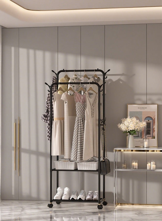 RollsTimi  Double Rods Clothing Garment Rack with Wheels and 2-Tier Storage Shelf,Clothes Rack for Hanging Clothes with 4 Hooks,Multi-functional Bedroom Clothes Rack - Image 1