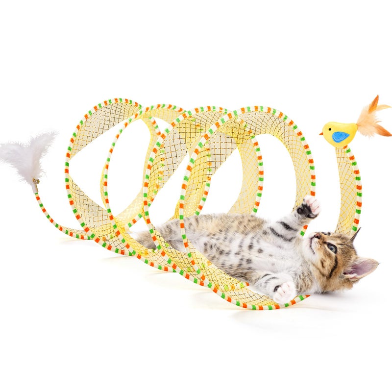 Potaroma Spiral Tunnel Cat Toy, Self Play Cat Play Spiral Kitten Collapsible Spring Tunnel Toy for Indoor Cats with Feather and Bell, 20 Inches Unfolded - Image 1