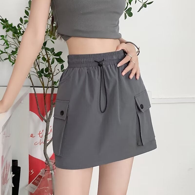 Double Pocket Workwear Skirt Women'S 2024 Summer Design High Waist Drawstring Slim A- Line Hip Skirt - Image 2