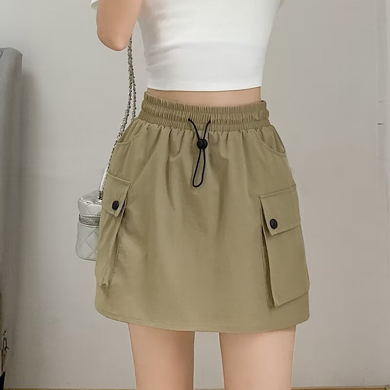 Double Pocket Workwear Skirt Women'S 2024 Summer Design High Waist Drawstring Slim A- Line Hip Skirt - Image 1