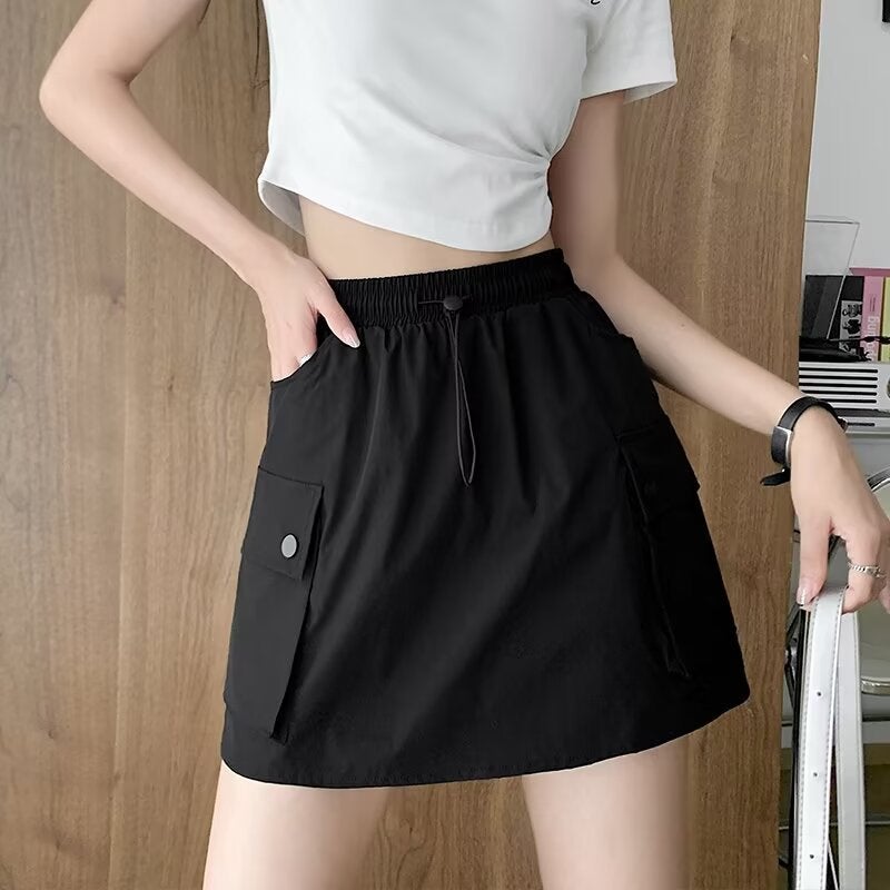 Double Pocket Workwear Skirt Women'S 2024 Summer Design High Waist Drawstring Slim A- Line Hip Skirt - Image 3
