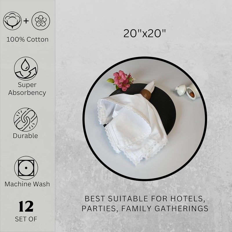 FINGERCRAFT Cloth Napkin 20x20 Inches 100 Cotton Classsic Lace Excellent Absorbency Washable and Reusable Durable Dinner Napkin for Kitchen Hotels Wedding Party White Set of 12 - Image 5