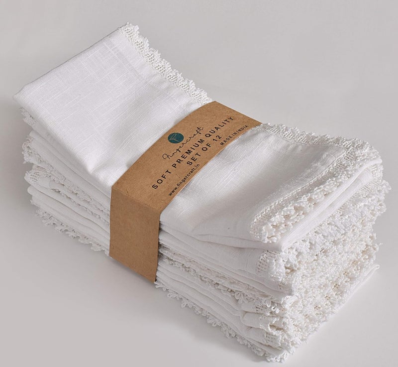 FINGERCRAFT Cloth Napkin 20x20 Inches 100 Cotton Classsic Lace Excellent Absorbency Washable and Reusable Durable Dinner Napkin for Kitchen Hotels Wedding Party White Set of 12 - Image 1