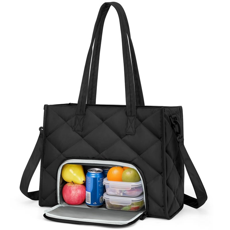 ZOMFELT Lunch Tote Bag for Women, 15.6 Inch Puffer Laptop Lunch Bag, Quilted Large Work Tote Bag with Insulated Lunch Compartment, Womens Lunch Bags for Work, Travel, Nurse, Teacher, Camping, Black - Image 1