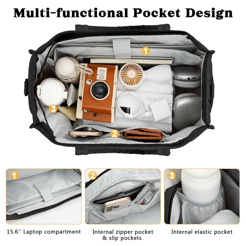 ZOMFELT Lunch Tote Bag for Women, 15.6 Inch Puffer Laptop Lunch Bag, Quilted Large Work Tote Bag with Insulated Lunch Compartment, Womens Lunch Bags for Work, Travel, Nurse, Teacher, Camping, Black - Image 4
