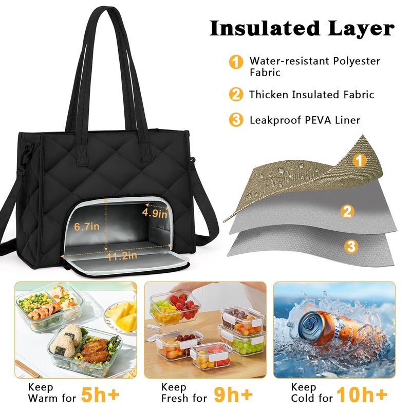 ZOMFELT Lunch Tote Bag for Women, 15.6 Inch Puffer Laptop Lunch Bag, Quilted Large Work Tote Bag with Insulated Lunch Compartment, Womens Lunch Bags for Work, Travel, Nurse, Teacher, Camping, Black - Image 2