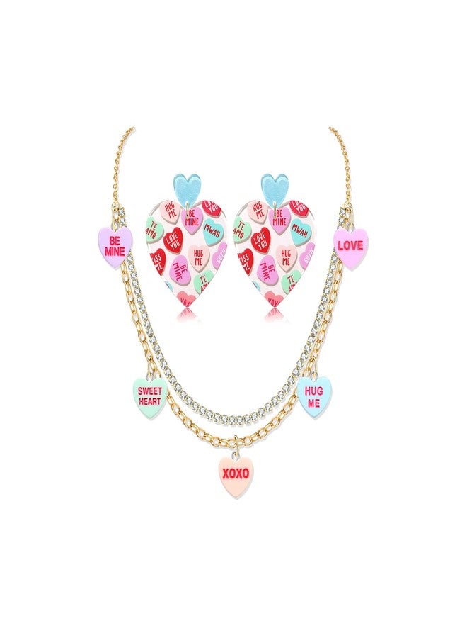BVGA Valentine's Day Conversation Heart Statement Necklace and Earrings Set for Women - Holiday XOXO Love Candy Pendant, Rhinestone Choker, Layered Necklace - Image 1
