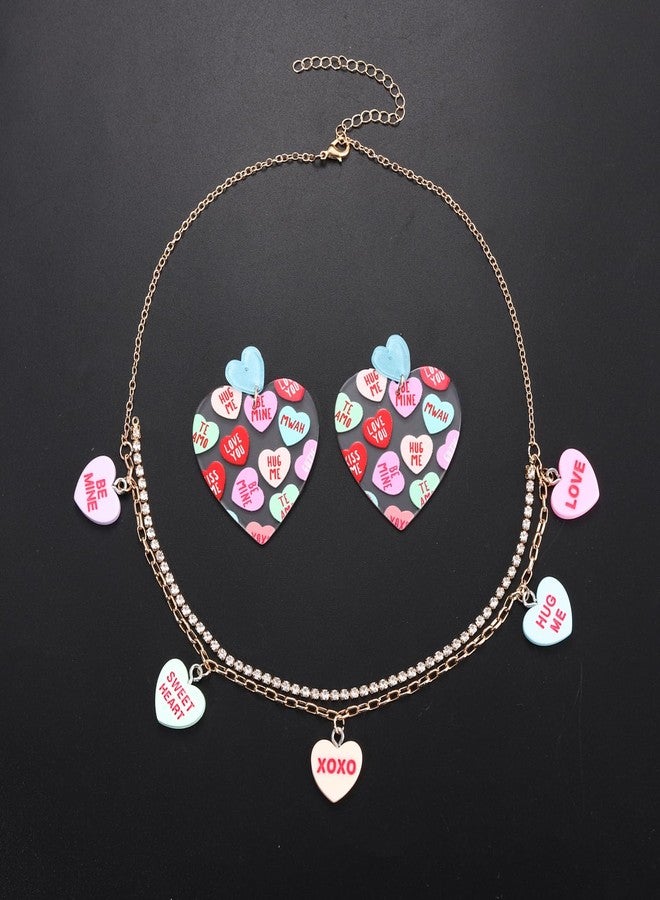 BVGA Valentine's Day Conversation Heart Statement Necklace and Earrings Set for Women - Holiday XOXO Love Candy Pendant, Rhinestone Choker, Layered Necklace - Image 3