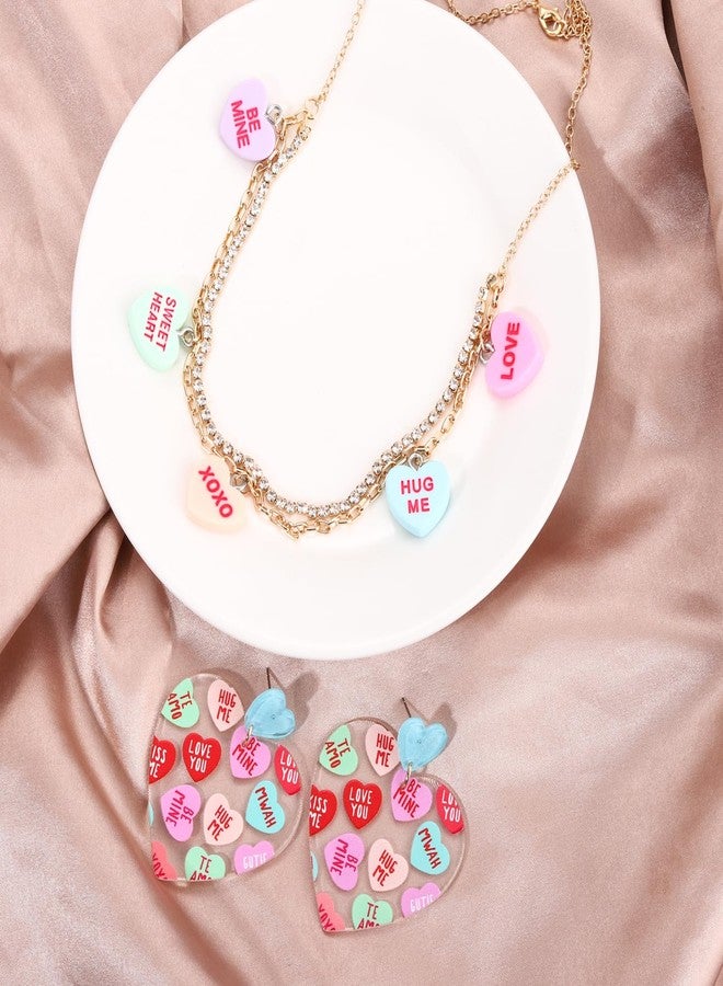 BVGA Valentine's Day Conversation Heart Statement Necklace and Earrings Set for Women - Holiday XOXO Love Candy Pendant, Rhinestone Choker, Layered Necklace - Image 2