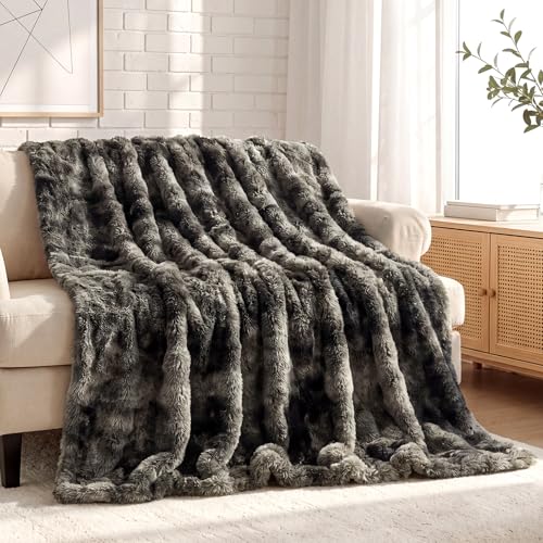 Wajade Fluffy Faux Fur Throw Blanket for Couch Bed Warm Cozy Blanket Luxury Soft Thick Fuzzy Plush Bubble Blanket for Sofa Chair Tiedye Dark Grey 50x60 - Image 1