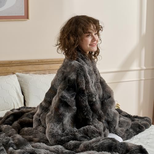 Wajade Fluffy Faux Fur Throw Blanket for Couch Bed Warm Cozy Blanket Luxury Soft Thick Fuzzy Plush Bubble Blanket for Sofa Chair Tiedye Dark Grey 50x60 - Image 3