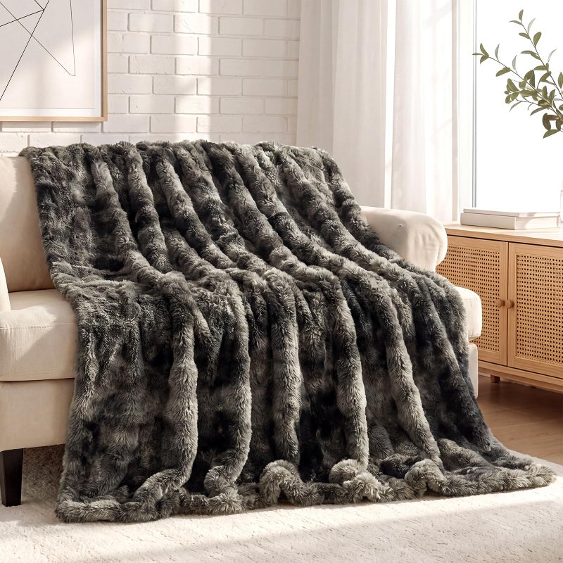 Wajade Fluffy Faux Fur Throw Blanket for Couch Bed Warm Cozy Blanket Luxury Soft Thick Fuzzy Plush Bubble Blanket for Sofa Chair Tiedye Dark Grey 50x60 - Image 2