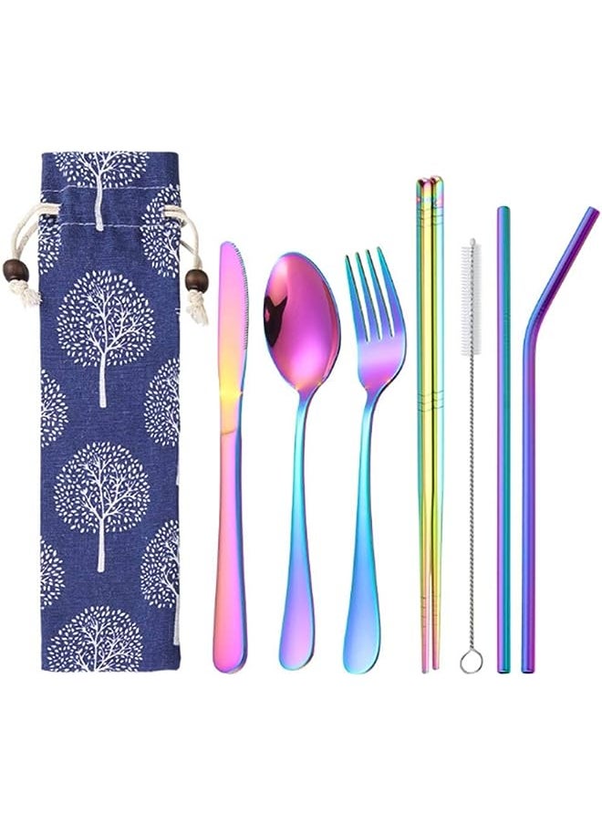vesus Pieces Portable Stainless Steel Flatware Set Travel Cutlery Silverware Set Reusable Utensils with Case, Stainless Steel Knife Fork Spoon Chopsticks Straws  - Image 1