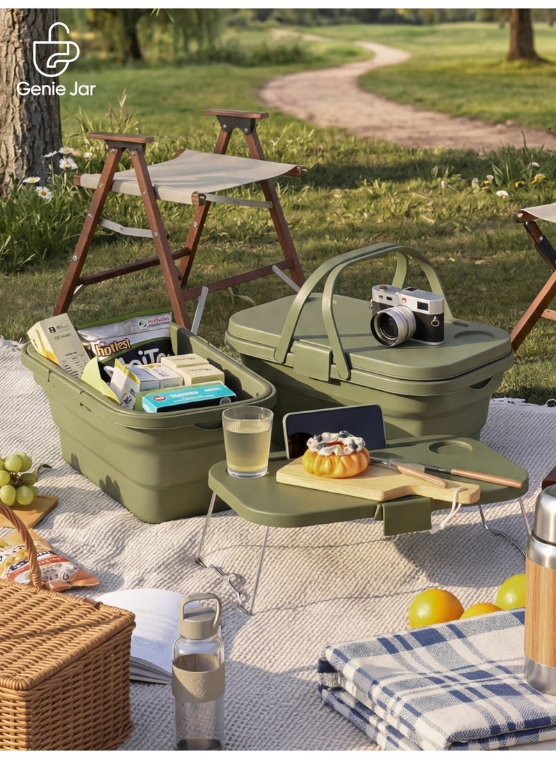 Genie Jar Foldable Picnic Basket with Lid & Dual Handles, Multi-Function Storage Box with Cutting Board & Serving Tray, Portable Outdoor Organizer for Camping, Travel & Home - Image 1