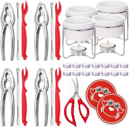 Luvan 33 Pcs Crab Crackers and Tools Set with 4 Crab Leg Crackers, 4 Crab Forks, 4 Lobster Shellers, 4 Butter Warmers, 1 Seafood Scissors, 14 Tealight Candles, 2 Crab Grabber-Seafood Boil Party Supply - Image 1