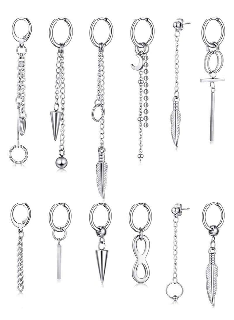 Oasisgalore 12 Piece Set of Stainless Steel Hoop Dangling Feather Earrings for Men, Hinged Pendant with Long Chain Design  - Image 1
