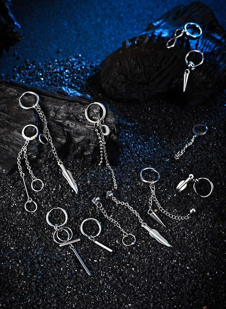 Oasisgalore 12 Piece Set of Stainless Steel Hoop Dangling Feather Earrings for Men, Hinged Pendant with Long Chain Design  - Image 2