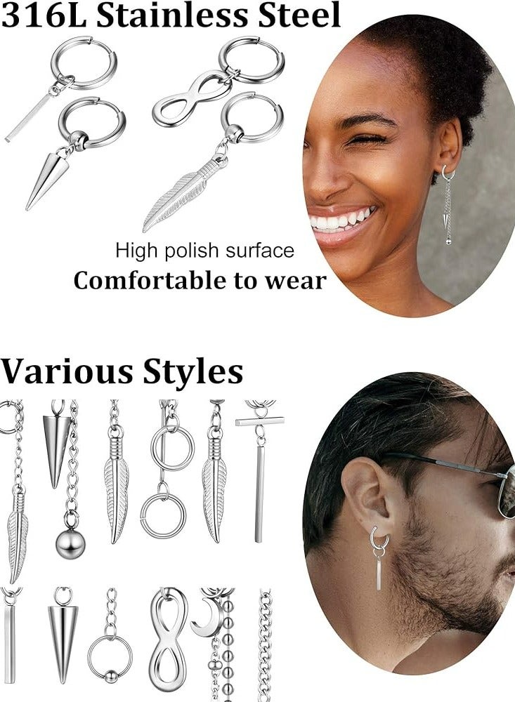 Oasisgalore 12 Piece Set of Stainless Steel Hoop Dangling Feather Earrings for Men, Hinged Pendant with Long Chain Design  - Image 3