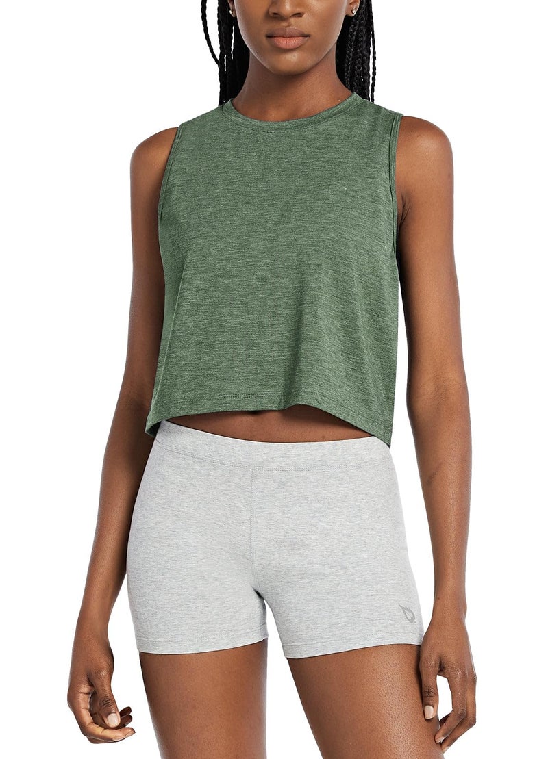 baleaf Workout Tops for Women Crop Tank Top Quick Dry Athletic Gym Exercise Sleeveless Shirts Muscle Yoga Loose Fit Heather Army Green M - Image 1