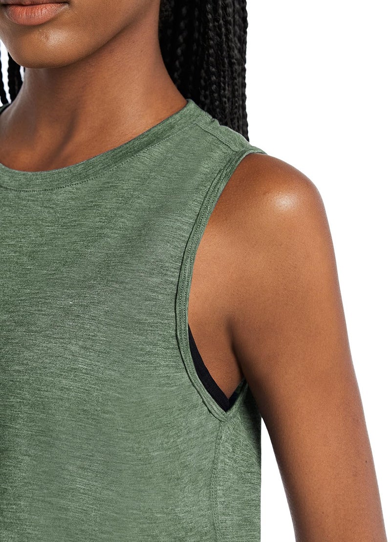 baleaf Workout Tops for Women Crop Tank Top Quick Dry Athletic Gym Exercise Sleeveless Shirts Muscle Yoga Loose Fit Heather Army Green M - Image 3