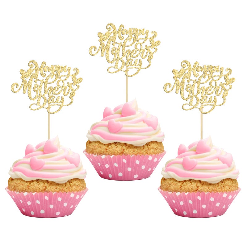 Ephlyn 24Pcs Happy Mother's Day Cupcake Topper Happy Mother's Day Cupcake Picks Glitter Heart Best Mom Party Cake Decorations Cupcake Toppers Picks for Mother's Birthday Party Supplies Gold - Image 1
