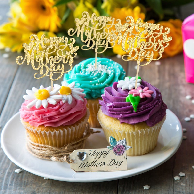 Ephlyn 24Pcs Happy Mother's Day Cupcake Topper Happy Mother's Day Cupcake Picks Glitter Heart Best Mom Party Cake Decorations Cupcake Toppers Picks for Mother's Birthday Party Supplies Gold - Image 5