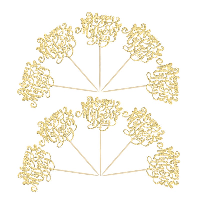 Ephlyn 24Pcs Happy Mother's Day Cupcake Topper Happy Mother's Day Cupcake Picks Glitter Heart Best Mom Party Cake Decorations Cupcake Toppers Picks for Mother's Birthday Party Supplies Gold - Image 3