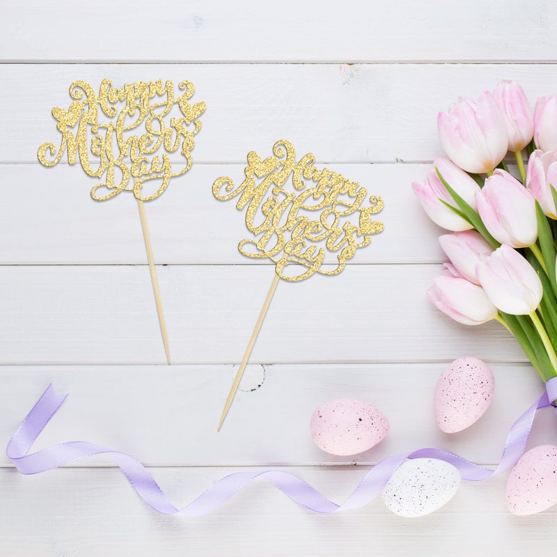 Ephlyn 24Pcs Happy Mother's Day Cupcake Topper Happy Mother's Day Cupcake Picks Glitter Heart Best Mom Party Cake Decorations Cupcake Toppers Picks for Mother's Birthday Party Supplies Gold - Image 4
