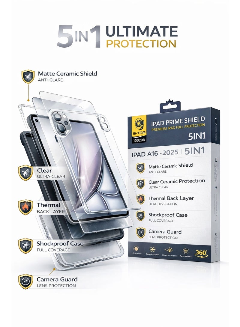 S-TOP 5-in-1 Integrated Protection Kit for iPad A16 (2025), Matte & Clear Ceramic Screen Protectors, Thermal Back Layer, Camera Guard & Protective Case – Full 360° Coverage - Image 2