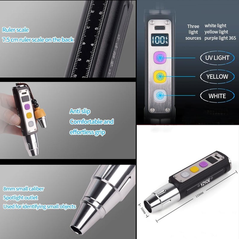 YZYOE LED Three Switches Three Light Sources Jade Identification Flashlight, New Multifunctional Gemstone Mineral Detection Light, White Lights, Yellow Lights, and 365nm Ultraviolet Query Mini Lamp. - Image 4