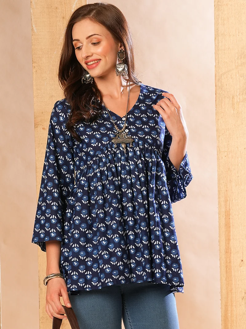 Women Indigo Allover Printed & Gathered A-Line Alia Cut Tunic