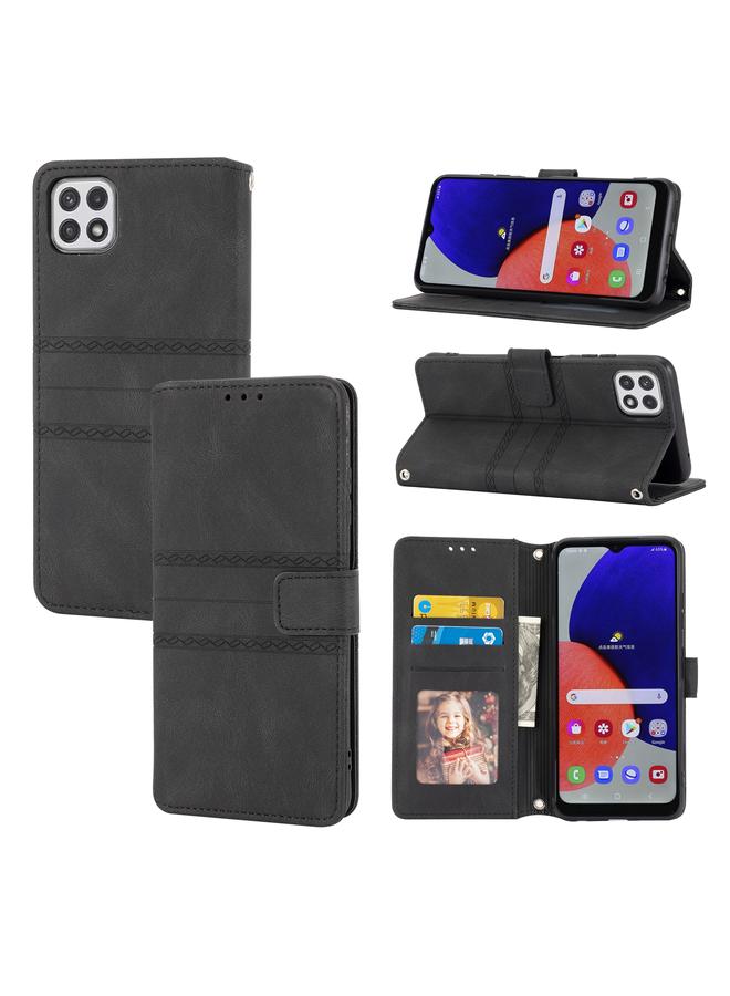 اس-توب جراب لهاتف Samsung Galaxy A22 5G من الجلد الصناعي PU + TPU بتصميم مخطط منقوش مع مشبك مغناطيسي مع حامل وفتحة للبطاقات ومحفظة وإطار للصور وحزام - Image 1