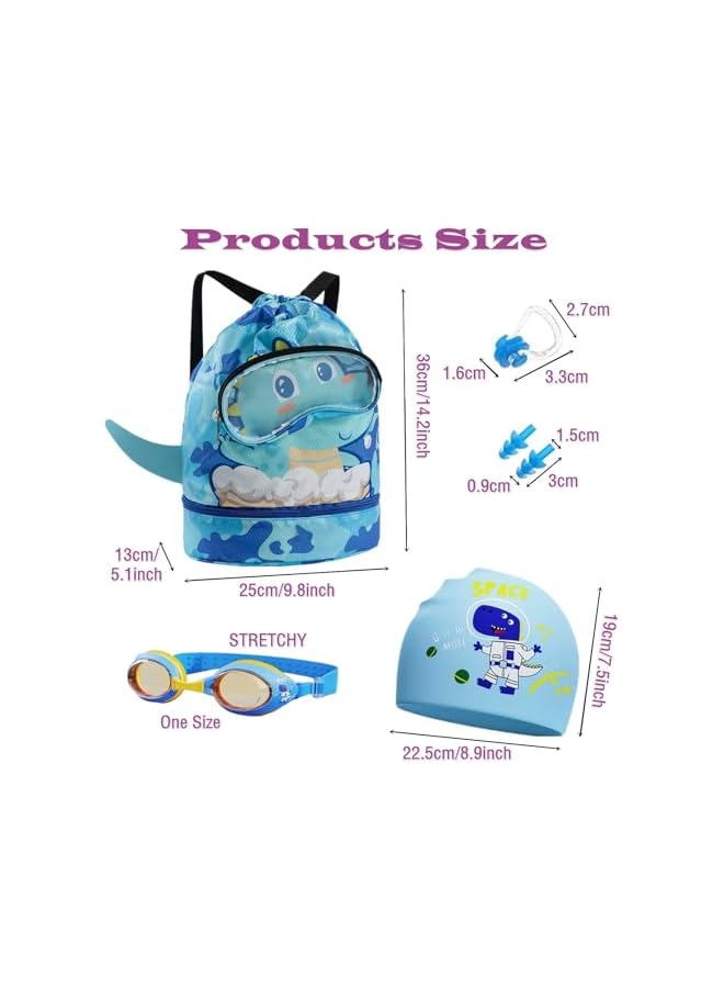S-TOP Children's Drawstring Bags Swimming Bag Dry and Wet Separation Waterproof Storage Bag,Kids Drawstring Backpack w/Swimming Goggles,Ear Plugs,Nose Clip & Cap for Boys,Girls Pool Beach - Image 2