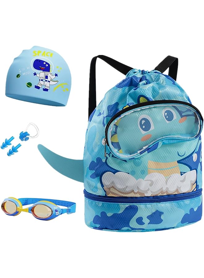 S-TOP Children's Drawstring Bags Swimming Bag Dry and Wet Separation Waterproof Storage Bag,Kids Drawstring Backpack w/Swimming Goggles,Ear Plugs,Nose Clip & Cap for Boys,Girls Pool Beach - Image 1