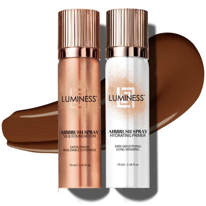 LUMINESS Silk Airbrush Spray Foundation & Primer Kit - Full Coverage Foundation, Anti-Aging Formula Hydrates & Moisturizes with Hyaluronic Acid, Aloe Vera & Hydrolyzed Silk (Shade - Deep Dark) - Image 1