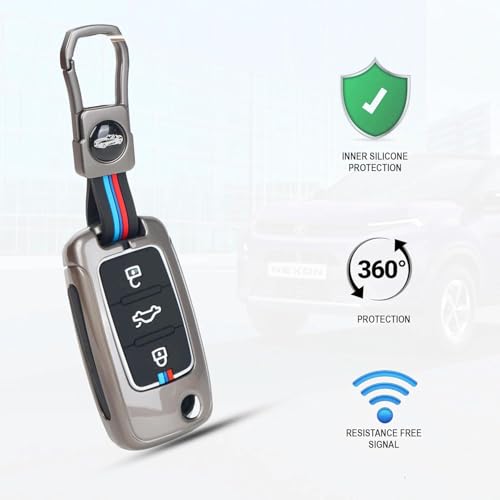 LivTee Premium Metal Alloy Key Cover for Skoda and Volkswagen - Polo Vento Jetta Ameo Passat and Skoda Rapid Laura Superb Octavia Fabia Yeti 3 Button Flip Key Cover (Skoda) - Image 2