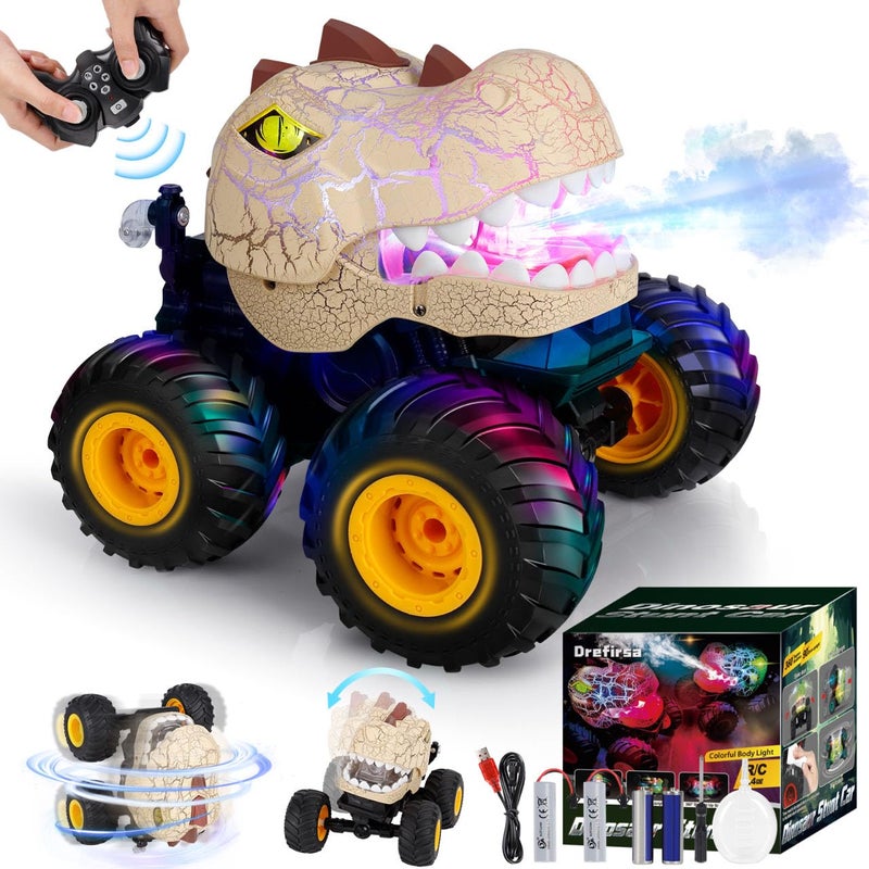Drefirsa Dinosaur Remote Control Car for Kids Ages 35 612 Remote Control Monster Truck with Spray Light 360 Rolling90 Driving All Terrain Dinosaur Toy for Boys Birthday Gift - Image 3