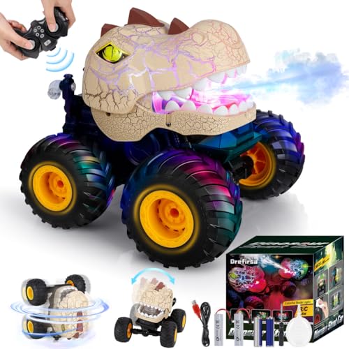 Drefirsa Dinosaur Remote Control Car for Kids Ages 35 612 Remote Control Monster Truck with Spray Light 360 Rolling90 Driving All Terrain Dinosaur Toy for Boys Birthday Gift - Image 1