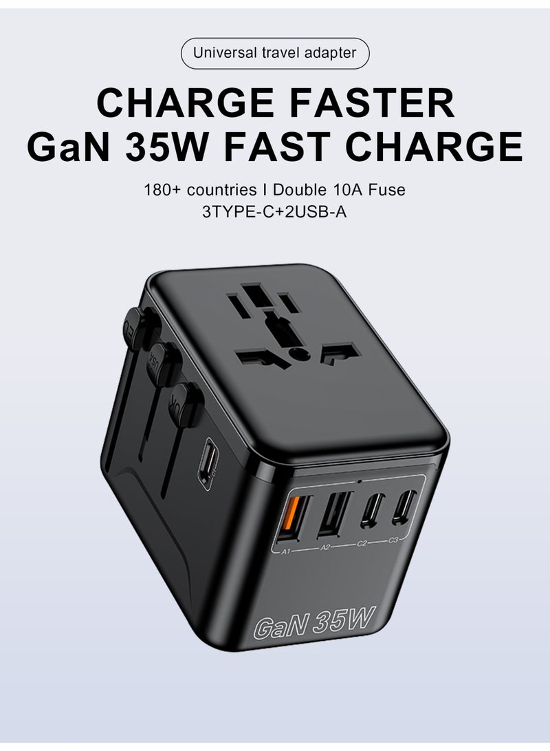 BESTIS 35W GaN Universal Travel Adapter, All-in-One Worldwide Power Plug with 3 USB-C & 2 USB-A, Multi Country Plug Adapter for USA EU UK AUS, 2500W AC Outlet, Dual Fuse, PD Fast Charging - Image 1