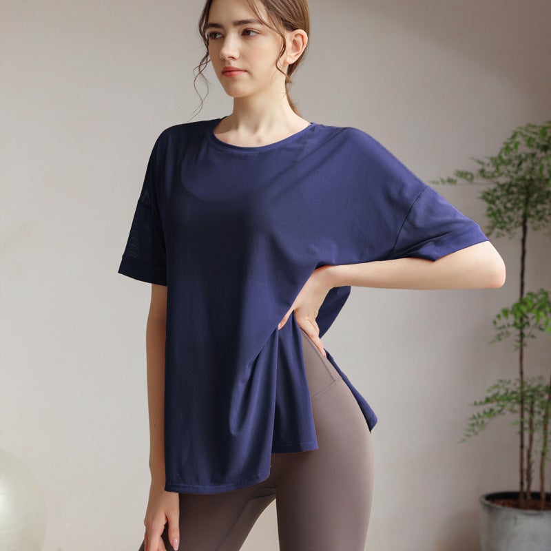 Generic Summer New Style Mesh Yoga Suit Quick-drying Breathable Loose Slimming Short-sleeved Sports Blouse Yoga Top Fitness Suit navy blue 