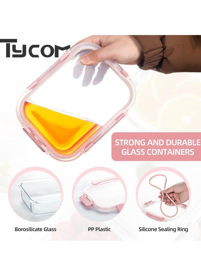 TYCOM Glass Meal Prep Containers (10 pcs Rectangle Glass Food Storage Containers with Lids Glass Lunch Box Portion Control Airtight Glass Bento Box Lunch Containers 10P Rectangle Pink  - Image 2
