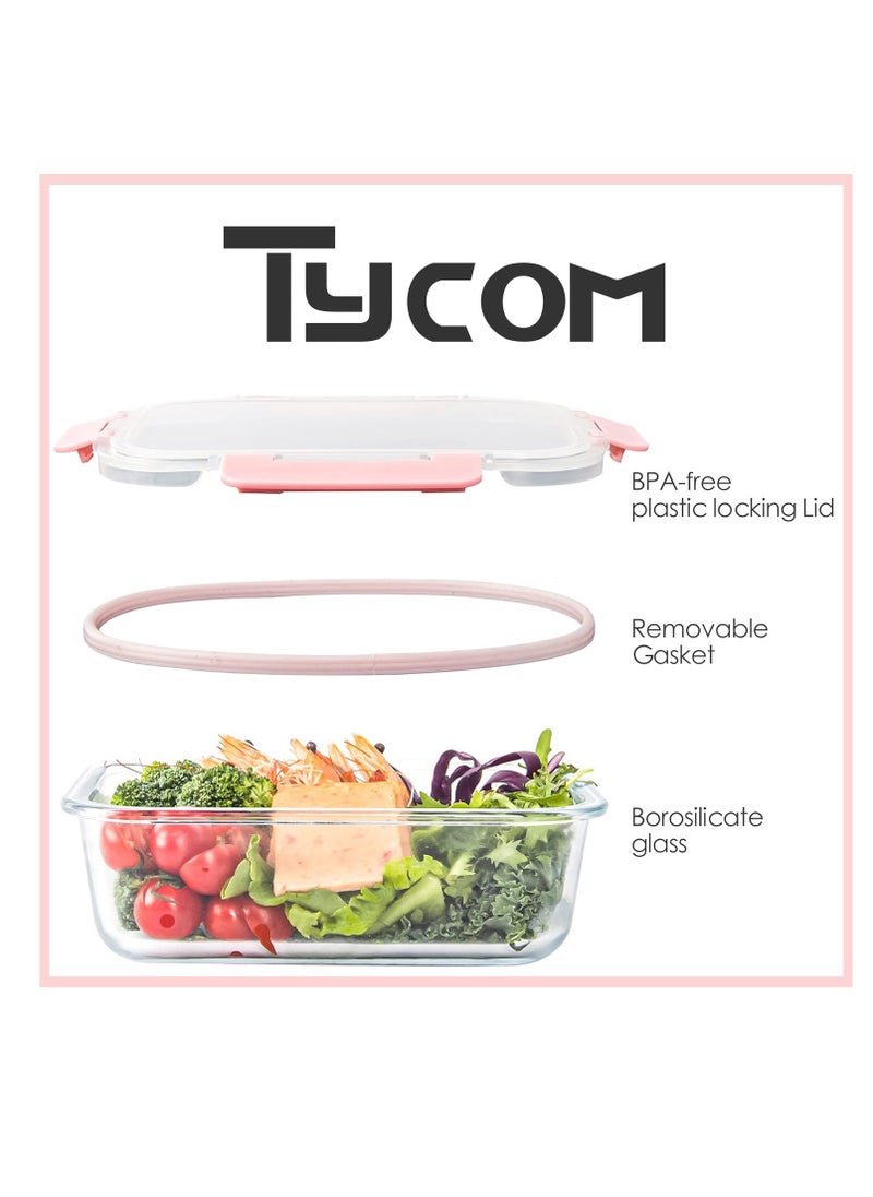TYCOM Glass Meal Prep Containers (10 pcs Rectangle Glass Food Storage Containers with Lids Glass Lunch Box Portion Control Airtight Glass Bento Box Lunch Containers 10P Rectangle Pink  - Image 3