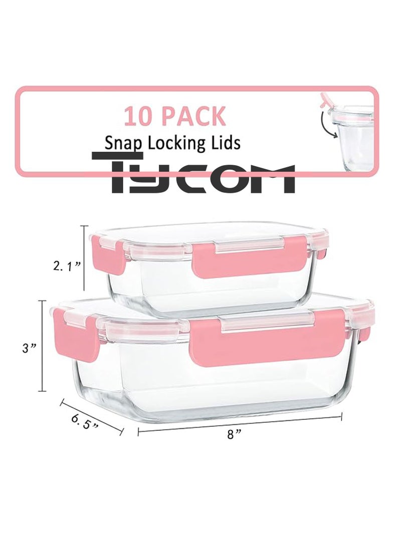 TYCOM Glass Meal Prep Containers (10 pcs Rectangle Glass Food Storage Containers with Lids Glass Lunch Box Portion Control Airtight Glass Bento Box Lunch Containers 10P Rectangle Pink  - Image 4