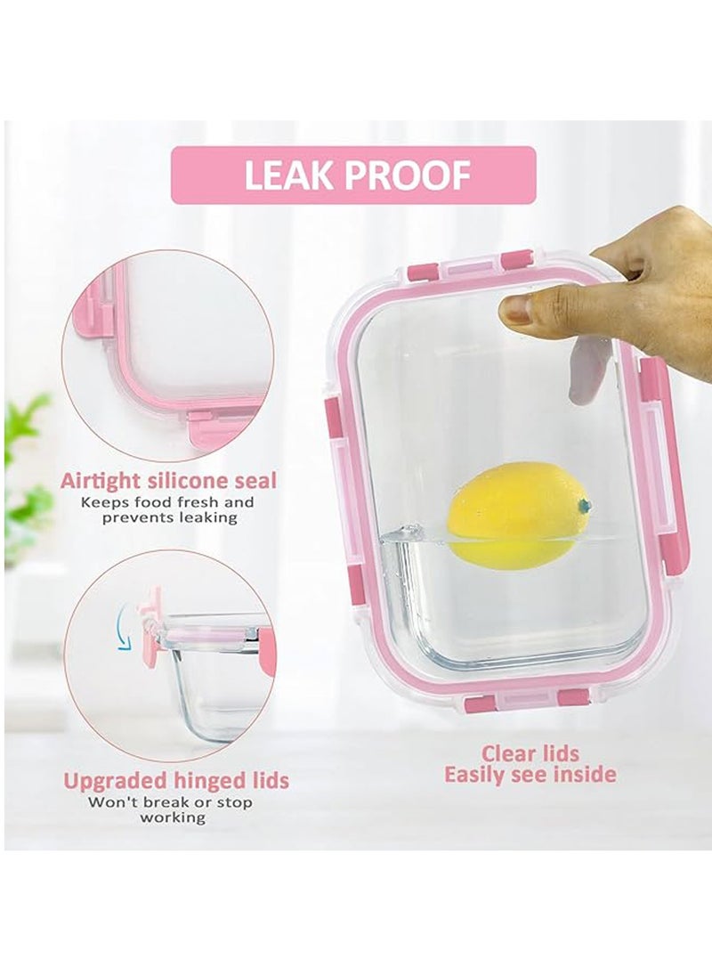 TYCOM Glass Meal Prep Containers (10 pcs Rectangle Glass Food Storage Containers with Lids Glass Lunch Box Portion Control Airtight Glass Bento Box Lunch Containers 10P Rectangle Pink  - Image 5