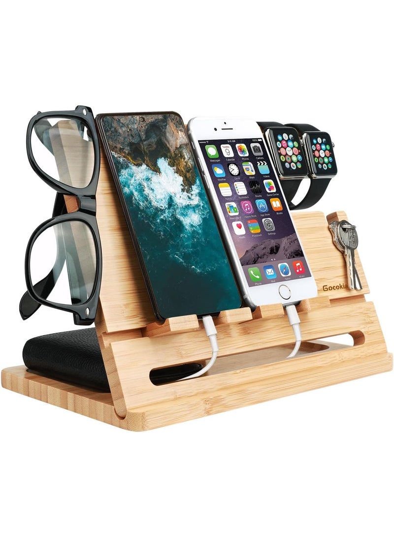 Gocokia Bamboo Double Phone Docking Station Ash Key Holder Stand Watch Organizer Men Husband Wife Dad Birthday Gift Nightstand Father Gadgets Compatible with iPhone iWatch AirPods - Image 1