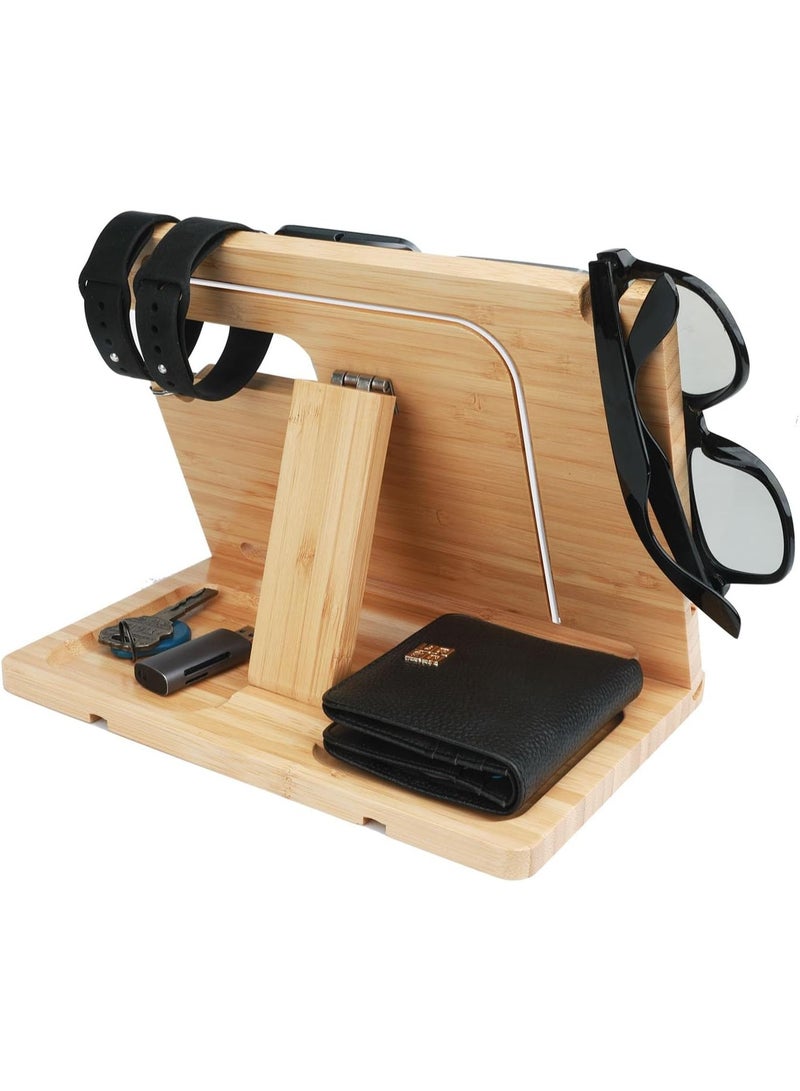 Gocokia Bamboo Double Phone Docking Station Ash Key Holder Stand Watch Organizer Men Husband Wife Dad Birthday Gift Nightstand Father Gadgets Compatible with iPhone iWatch AirPods - Image 2