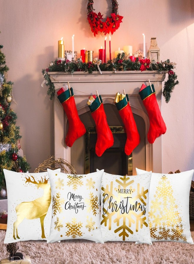 ONWAY Christmas Decorations Gold White Throw Pillow Covers 18x18 Set of 4 Snowflakes Reindeer Decorative Cushion Cases Xmas Golden Decor for Couch Sofa Bedroom - Image 5