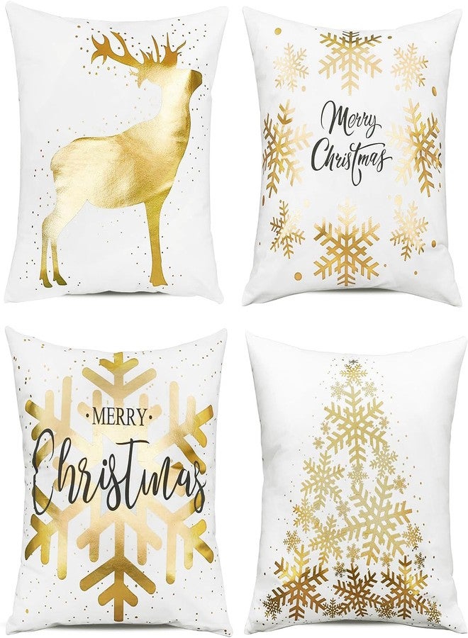 ONWAY Christmas Decorations Gold White Throw Pillow Covers 18x18 Set of 4 Snowflakes Reindeer Decorative Cushion Cases Xmas Golden Decor for Couch Sofa Bedroom - Image 1