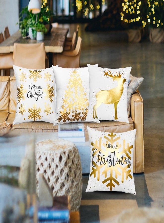 ONWAY Christmas Decorations Gold White Throw Pillow Covers 18x18 Set of 4 Snowflakes Reindeer Decorative Cushion Cases Xmas Golden Decor for Couch Sofa Bedroom - Image 2