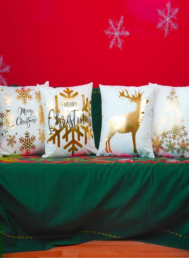 ONWAY Christmas Decorations Gold White Throw Pillow Covers 18x18 Set of 4 Snowflakes Reindeer Decorative Cushion Cases Xmas Golden Decor for Couch Sofa Bedroom - Image 3